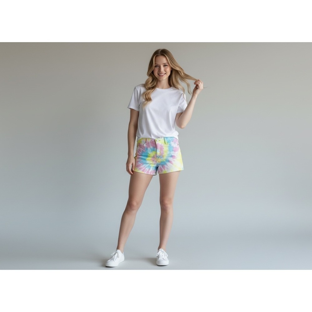 Judy Blue Tie Dye Shorts Women's L Multi Color Spiral Raw Hem High Rise Festival - Picture 1 of 12
